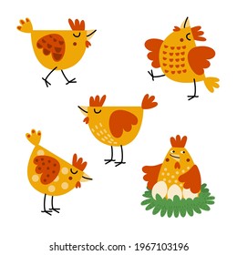 Vector set of cute hens. Happy chickens is walking. Farm birds in summer, cartoon animals in different poses.Hand drawn collection, colorful  flat illustration isolated on white background.