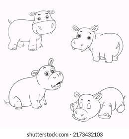 vector set of cute hippo cartoon isolated on white. black and white illustration. Coloring Pages for kids.