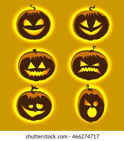 Vector set cute holiday positive emotional pumpkin icons yellow background night Halloween icon. Festival party emotional mood, smile, laughter, anger face Halloween icon party.
