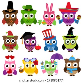 Vector Set of Cute Holiday and Seasonal Owls