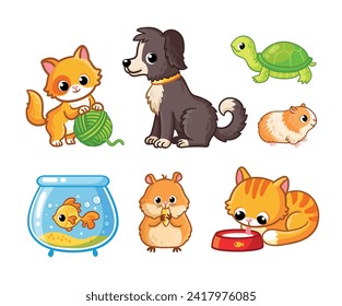 Vector set of  cute home animal pet - cat, dog, hamster, turtle, guinea pig, and goldfish. Vector cartoon illustration Isolated on white background.