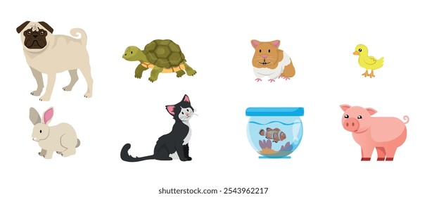 Vector conjunto de lindo animal doméstico mascota, gato, perro, hámster, tortuga y peces. Ilustración de dibujos animados de Vector aislado sobre fondo blanco.