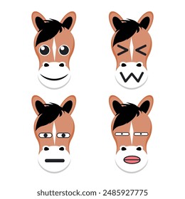 Vector set of cute Horse face emoticons with various expressions. Isolated on white background.