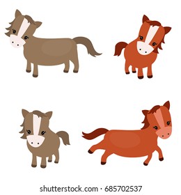 Vector set of cute horses on white background. Horses made in cartoon style.
