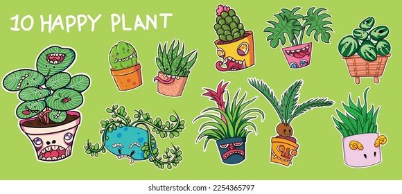 vector set cute house plant in funny moster pots.