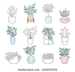 Vector set of cute house plants in pots. Poster with adorable object isolated on background. Valentine's day, anniversary, save the date, baby shower, bridal, birthday, decoration
