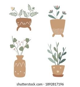 Conjunto vectorial de lindas plantas de hogar en macetas marrones con adornos. La decoración interior, las flores aisladas. Fondo blanco aislado. 