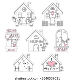 Vector set of cute houses decorated with flowers and hearts, sweet home concept. Cartoon style illustration. Black and white line art.