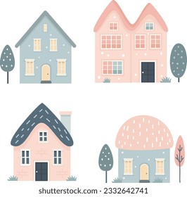 Conjunto vectorial de bonitas casas en colores pastel. Casas provinciales rosas y azules con árboles 