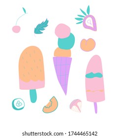 Vector set  of cute ice cream, strawberry and orange. Clip art food illustrations in flat style in blue, pink and lilac shades.Design for menus,posters,web,social networks,banner.