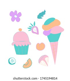 Vector set  of cute ice cream, strawberry and orange. Clip art food illustrations in flat style in blue, pink and lilac shades.Design for menus,posters,web,social networks,banner.