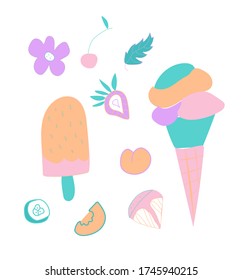 Vector set  of cute ice cream, strawberry and orange. Clip art food illustrations in flat style in blue, pink and lilac shades.Design for menus,posters,web,social networks,banner.