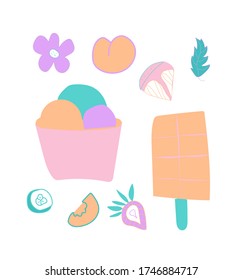Vector set  of cute ice cream, strawberry and orange. Clip art food illustrations in flat style in blue, pink and lilac shades.Design for menus,posters,web,social networks,banner.
