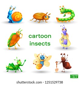 Vector set of cute icons cartoon insects characters.