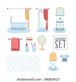 Vector Set Of Cute Illustration Of Element Bathroom Interior 