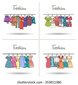 Vector set of cute illustration with hand drawn fashionable clothes for women on hangers on white background. Vector icons for use in design
