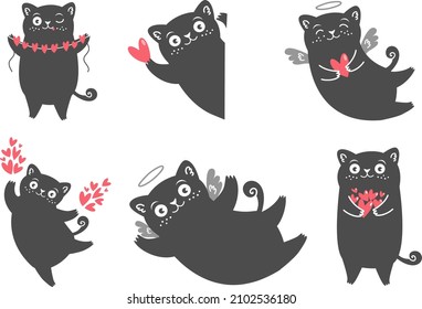 Vector set of cute illustrations. Cute black cats, hearts, angels. Valentines day illustrations