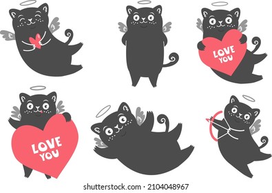 Vector set of cute illustrations. Cute black cats, hearts, angels. Cats cupids with wings. Valentines day illustrationsion