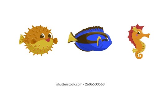 vector set of cute images of pet store, red sea fish, tropical fish, aquarium fish, puffer fish, seahorse,sunfish, bright vector illustration