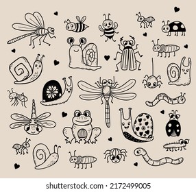 Vector set of cute insect doodles. Linear hand drawing. Funny decorative characters insects, bugs and animals for design, decor, decoration and print