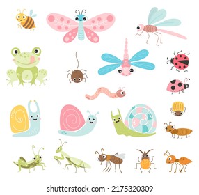 Vector set of cute insects. Funny characters of insects, beetles and invertebrate arthropods, flying and crawling, beneficial and pests. Isolated elements for design, printing and decoration