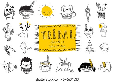 Vector set of cute isolated doodle tribal animals and other pictures for kid's interiors, cards, banners and posters.