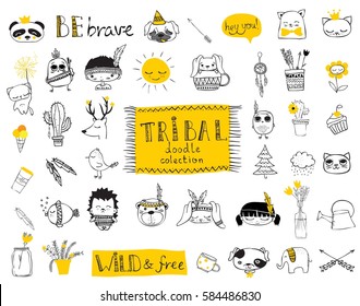 Vector set of cute isolated doodle tribal animals and other pictures for kid's interiors, cards, banners and posters.