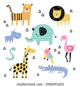 Vector Set Of Cute Jungle Animals Set, Funny Tropical Fauna, Kids Clip Art