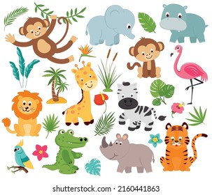 Vector set of cute jungle animals and plants. Tropical animals. Elements for stickers, cards, invitations and posters. Isolated on a white background.