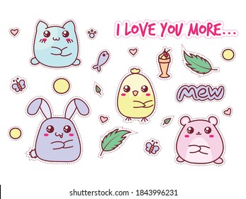 Vector set of cute kawaii animals. Stickers with cat, bunny, chicken, hamster. Sweet pastel color.