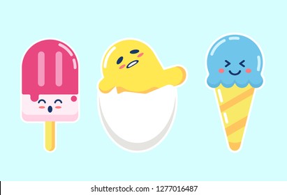 Vector Set Of Cute Kawaii Anime Cartoon Ice Cream and  egg Isolated for poster, card, flayer, postcard, calendar concept