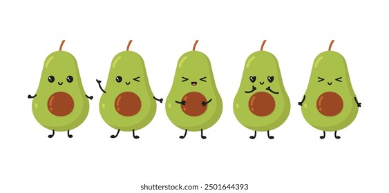 Vector set with cute kawaii avocados on white background. Flat avocado character with different emotions.