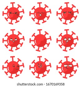 Vektorillustration Set von Cartoon roten Emoticons Gesicht covid-19, Emoji Gesicht des Corona-Virus einzeln auf weißem Hintergrund 