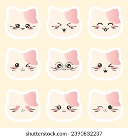 Vector set of cute kawaii cat face emoji emoticon stickers elements