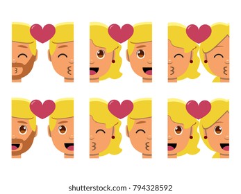 Vector set cute kawaii couple emojis  colorful isolated