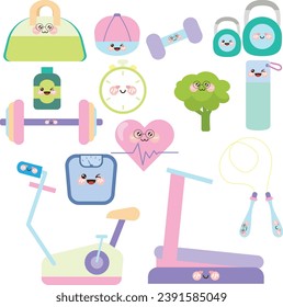 Conjunto vectorial de elementos de pegatinas de equipo de herramientas de gimnasio y entrenamiento de emoji kawaii lindo