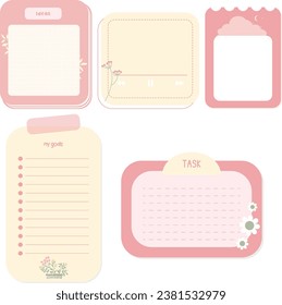 Vektor-Set süßer kawaii-gürtelrosa Memo-Pad und Notizpad-Aufkleber