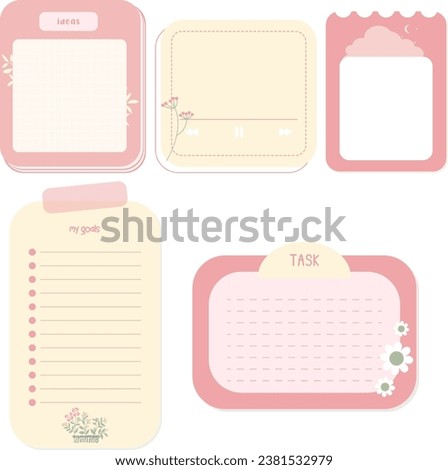 Vector set of cute kawaii girly pink memo pad and notepad stickers