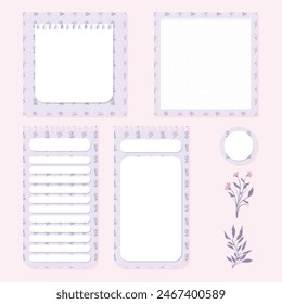 Vector set of cute kawaii memo pad and notepad purple floral stickers