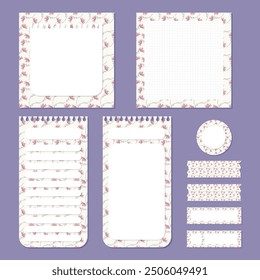 Vector set of cute kawaii memo pad, notepad and scrapbooking planner elements