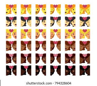 Vector set cute kawaii multicultural couple emojis colorful isolated