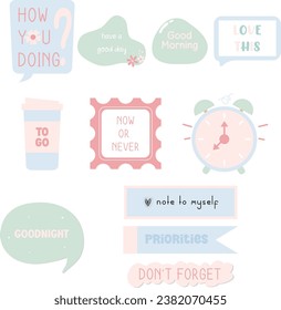 Vector set of cute kawaii pastel typography planner stickers