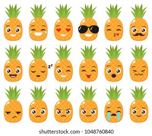 Vector Set Of Cute Kawaii Pineapple Emojis