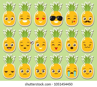 Vector Set Of Cute Kawaii Pineapple Emojis