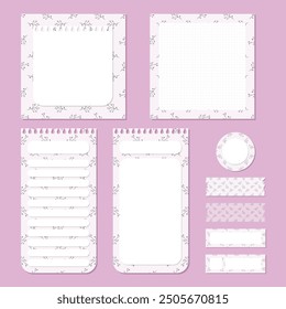 Vector set of cute kawaii purple notepad, memo pad and planner scrapbooking element