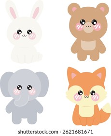 Vector set of cute kawaii rabbit, bear, elephant and fox
