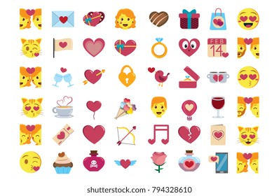 Vector set cute kawaii saint valentine emojis colorful isolated