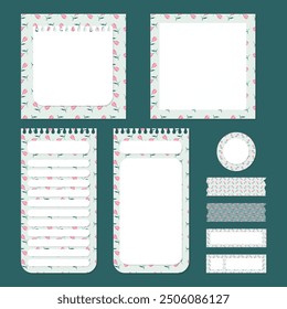 vector set of cute kawaii sweet pastel floral pattern notepad memo pad and scrapbooking elements