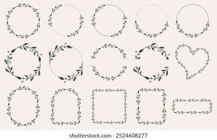 Vector set of cute kawaii sweet purple flower with greenery wreaths, frame, heart and arch frame