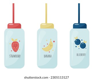 vector set with cute kids bottles for drinks with pretty design - strawberry, peach, banana